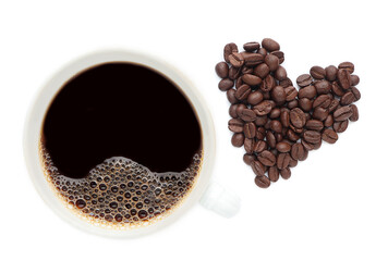 Top view white cup of coffee on white background. Cup of coffee isolated on white background with coffee beans in heart shape.