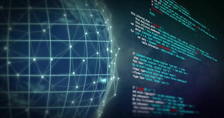 Animation of digital data processing and globe with connections over black background