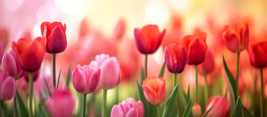 Canvas Print - Vibrant and colorful tulip flowers in bloom against green grass background