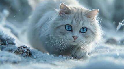 Canvas Print - A white cat with blue eyes walking through the snow. Generative AI.