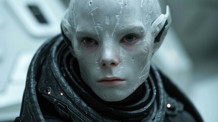 Poster - The alien in the movie is wearing a white face mask. Generative AI.