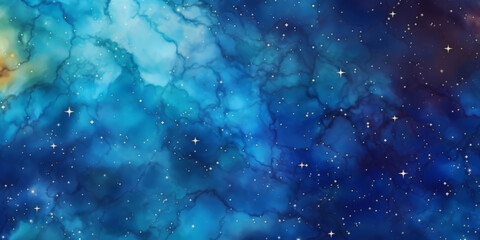 blue watercolor space background with stars, milky way, nebula, galaxy, cosmos milky way, blu background banner