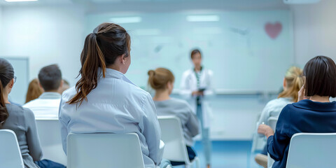 Title: Focused Medical Students Attending Lecture in Contemporary Hospital Classroom Banner