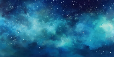 Wall Mural - blue watercolor space background with stars, milky way, nebula, galaxy, cosmos milky way, blu background banner