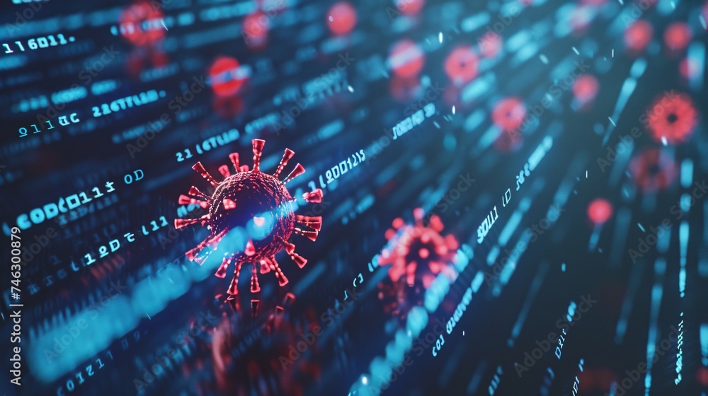 Binary code flowing in blue streams intercepted by aggressive red virus ...