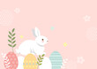Cute white rabbit and Easter eggs on a pink background. Easter holiday illustration.
