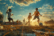 Children playing soccer on a dusty field at sunset. Action shot with dynamic movement. Childhood sports and activities concept. Design for poster, banner, and sports events promotion.