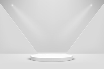 Aufkleber - White room with showcase and bright lamps. Realistic showcase for product advertisement. 3d vector illustration 