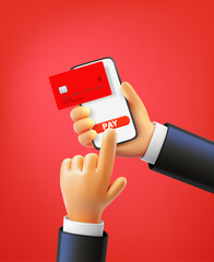 Aufkleber - Man using smartphone to pay via internet with the card. 3d vector illustration
