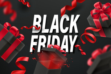 Aufkleber - Black friday final sale vector banner with red ribbons and gift boxes