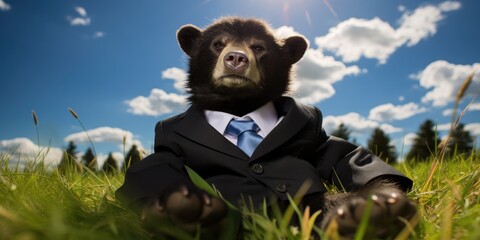 Canvas Print - A bear dressed in a suit sitting in the grass. Generative AI.