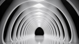 Fototapeta Przestrzenne - A black and white photo of a futuristic hall, a tunnel, claustrophobic and futuristic, convoluted halls.