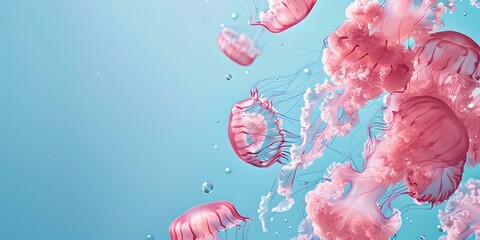 Wall Mural - Serenity under the sea. pink jellyfish floating in blue waters. ideal for backgrounds and nature-themed design. calm, tranquil marine life depiction. AI