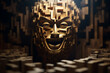 A sculpture of a person's face, a tortured face made of wood, a sculpture made of gold.