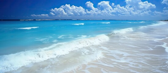 Poster - The image shows blue waves rolling in towards the shore of a sunny beach, meeting the pristine white sand. The oceans waves create a dynamic movement against the tranquil background of the serene