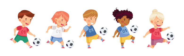 Wall Mural - Happy Kids Play Football Enjoy Team Sport Game Vector Set