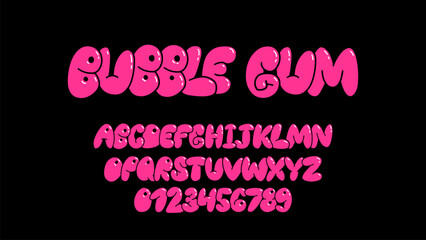 Wall Mural - Playful pink bubble font inspired by 90s and Y2K themes. Puffy cartoon letters perfect for trendy and fun designs. Includes uppercase letters, numbers, and symbols.