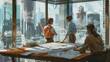 © Irina Ukrainets - Team of architects discussing over blueprints in sunlit high-rise office. creative urban planning professionals at work. AI