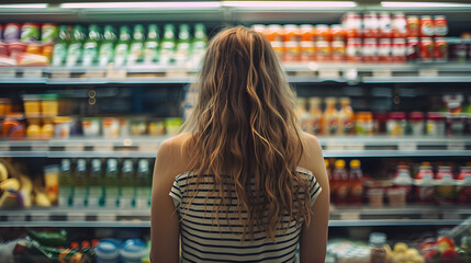 Wall Mural - a photo of a beautiful young american woman shopping in supermarket and buying groceries and food products in the store. photo taken from behind her back