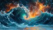 Raging sea element, large tidal wave with quasar flares, abstract futuristic background