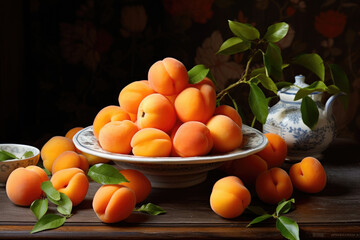 Wall Mural - Apricots on a porcelain plate with green leaves and a traditional teapot on a wooden surface