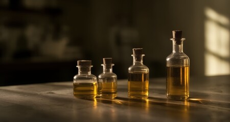 Wall Mural -  Vintage glass bottles with golden liquid, arranged in a row on a wooden surface