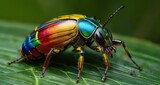 Fototapeta Konie -  Rainbow-colored beetle on a leafy green background