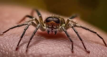 Poster -  Close-up of a spider on a human hand, showcasing its intricate eyes and legs