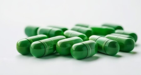 Poster -  A collection of green capsules on a white background