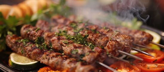 Canvas Print - A close-up view of delicious grilled kebab sizzling on the grill, showcasing juicy meat, crispy bread, and fresh vegetables cooking to perfection in this mouthwatering kebab bliss.