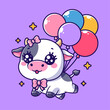 A cute cow floats along with lots of balloons