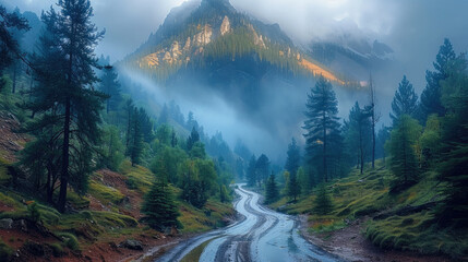 Wall Mural - Bad weather, grey sky and clouds, mountain road, forest. Generative AI.