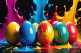 Fototapeta Miasta - Multicolored Easter eggs with drops and splashes of paints. Black background.