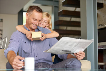 Poster - Man, daughter and gift for fathers day in home, happy and present for gratitude or appreciation. Daddy, child and smile for love and care in package for birthday, hug and reading newspaper with tea