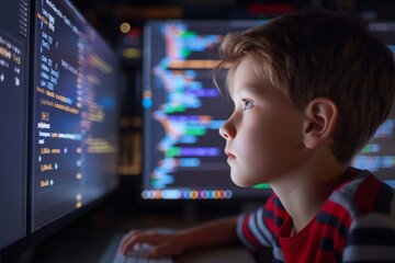 Young boy coding intently on a computer in the room at home