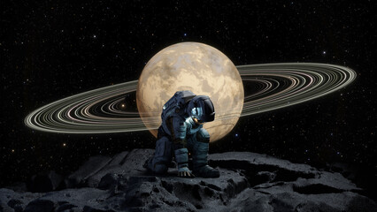 Wall Mural - space astronaut explores distant planet. cosmonaut in a spacesuit touches the ground of an asteroid.