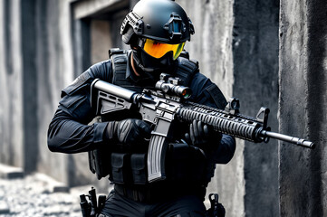 Wall Mural - Special forces soldier man in uniform of tactical Units of Police with weapon, in action. Explosion, smoke and fire sparks on dark black background, no name. Copy ad text space. Generated Ai