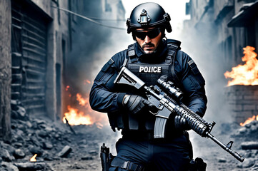 Wall Mural - Special forces soldier man in uniform of tactical Units of Police with weapon, in action. Explosion, smoke and fire sparks on dark black background, no name. Copy ad text space. Generated Ai