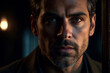 Close-up dramatic portrait of a mysterious man with intense gaze and enigmatic expression, hidden in the shadows, creating a moody and suspenseful thriller scene