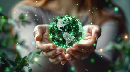 Leinwandbilder - Environment social governance investment business concept, Hands holding Global communication network with Environment icon on a green background. Green technology. Generative AI.