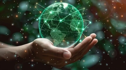 Leinwandbilder - Environment social governance investment business concept, Hands holding Global communication network with Environment icon on a green background. Green technology. Generative AI.