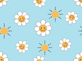 Canvas Print - Seamless pattern with retro daisy flower cartoons and sun on blue background vector illustration.