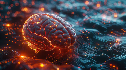 Poster - Big data and artificial intelligence concept. Human brain glowing from processor, symbolizing the fusion of human intelligence and machine learning capabilities. Generative AI.