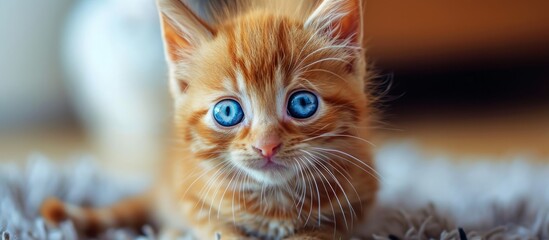 Sticker - Adorable fluffy kitten with striking blue eyes relaxing peacefully on cozy carpet