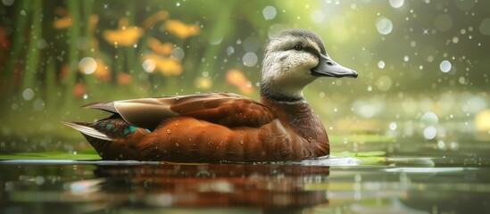 Sticker - A white headed duck, scientifically known as Oxyura leucocephala, peacefully floats on the surface of a calm body of water in its natural habitat. The ducks sleek white head contrasts against the