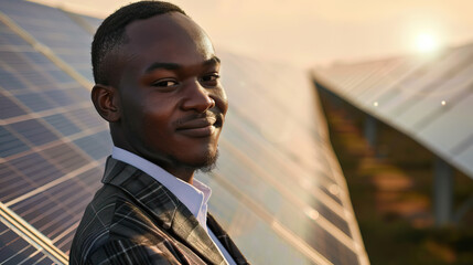 Portrait of young black African businessman and sustainable business entrepreneur staring at the camera with solar farm and solar panels in background. Isolated shot with bokeh, sunny, bright, outside