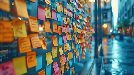 Creative brainstorming session with colorful sticky notes on glass. Generative AI.