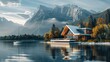 Modern house at the lake with sailing boat overlooking lake, woods mountains in background. Generative AI.