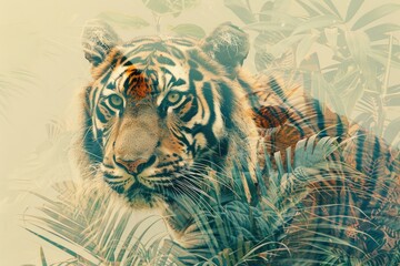 Canvas Print - A tiger overlaid with the intricate patterns of tropical foliage in a double exposure