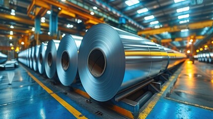 Rolls of galvanized sheet steel in the factory. Large rolls of metal coils in the warehouse. Generative AI.